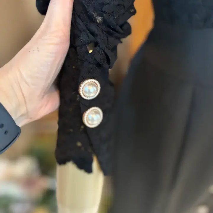 [BUNJANG] Black Lace Pearl Button Long Dress / 레이스 블랙 원피스 진주 버튼 JLP내수