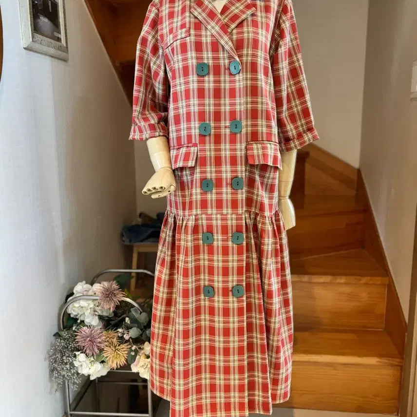 [BUNJANG] Red Check Double Button Flare Dress / 레드 체크 더블 버튼 플레어 원피스