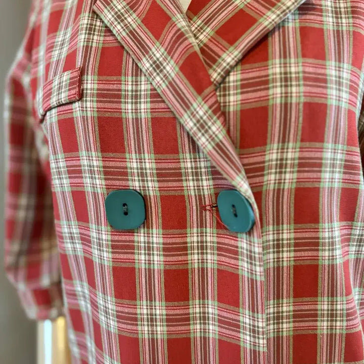 [BUNJANG] Red Check Double Button Flare Dress / 레드 체크 더블 버튼 플레어 원피스