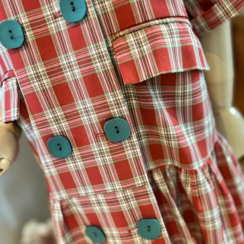 [BUNJANG] Red Check Double Button Flare Dress / 레드 체크 더블 버튼 플레어 원피스