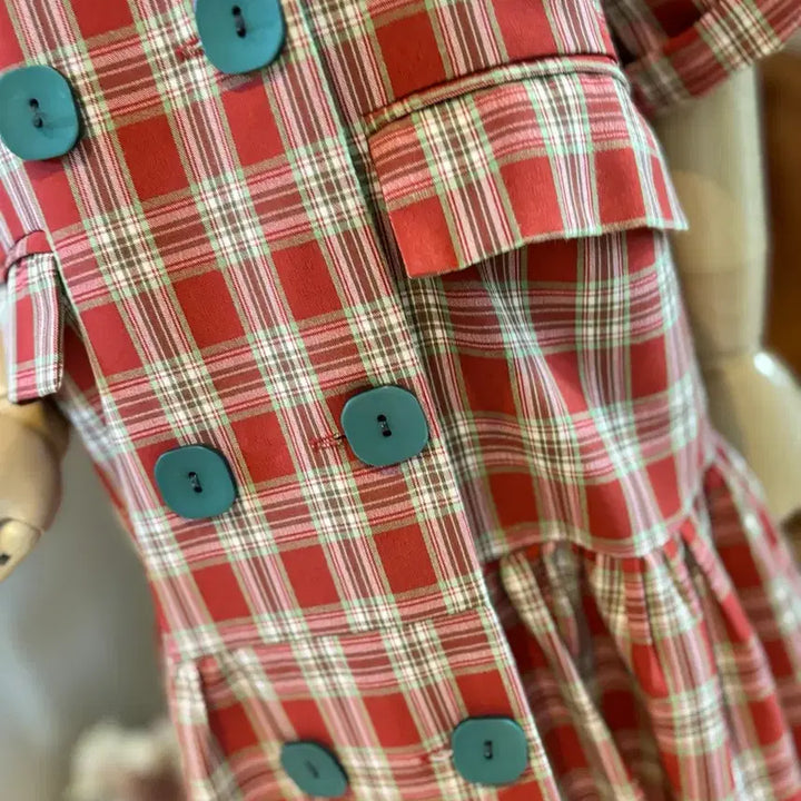 [BUNJANG] Red Check Double Button Flare Dress / 레드 체크 더블 버튼 플레어 원피스