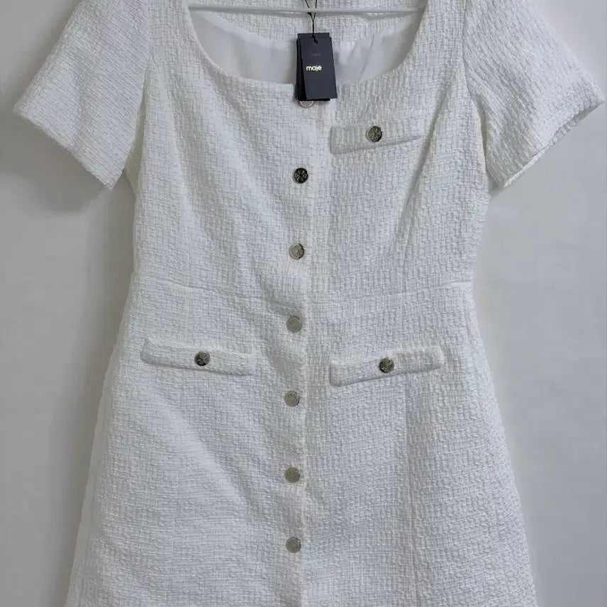 [BUNJANG] Maje Signature Button Tweed Square Neck Dress / 마쥬 스퀘어넥 시그니처 버튼 트위드 원피스