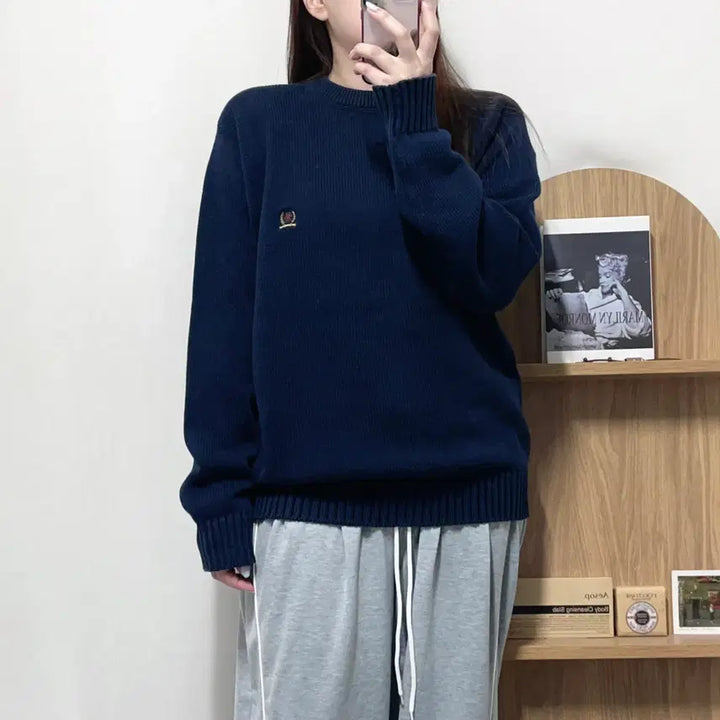 [BUNJANG] Tommy Hilfiger Navy Laurel Logo Round Knit Sweater - Size S / [정품] 타미 네이비 월계수로고 라운드 니트 [ S ]