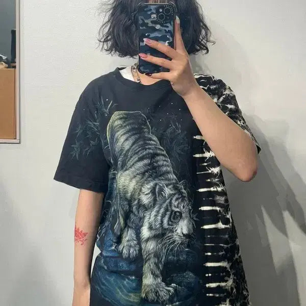 [BUNJANG] Medium Survivors Baekho Big Printing Beads Street Punk Cotton Short Sleeve T-Shirt / 미디움 서바이버즈 백호 빅프린팅 비즈 스트릿 펑크 코튼 반팔 티셔츠