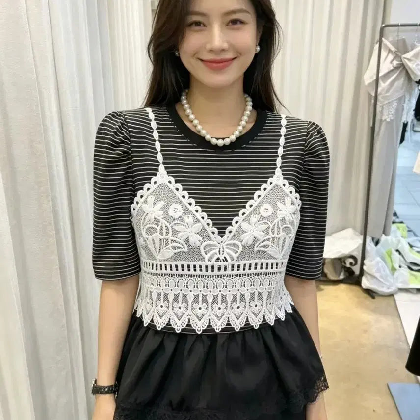 [BUNJANG] Striped Layered Puff Sleeve T-Shirt / 단가라 레이어드 퍼프 티셔츠