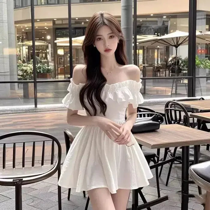 [BUNJANG] White Off-Shoulder Frill Mini Dress / 당일발송) 새상품 화이트 오프숄더 프릴 미니원피스