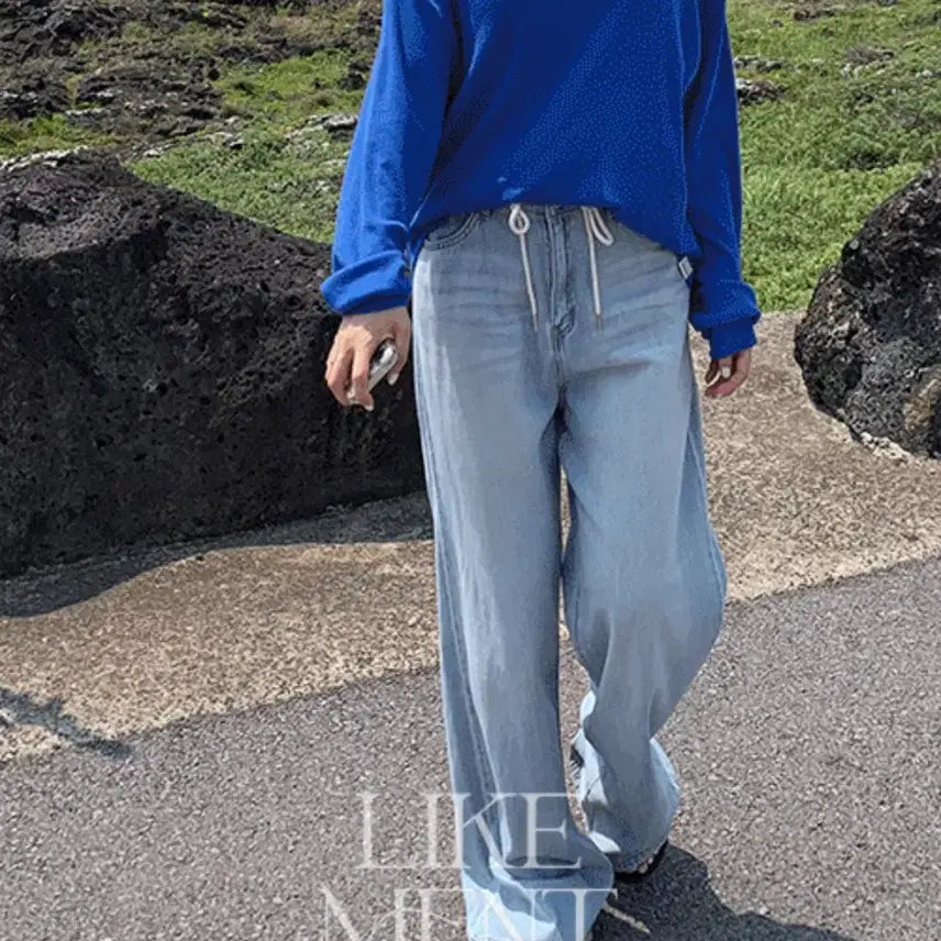[BUNJANG] LikeU Summer String Wide Denim (Light Blue) / 라이크유 썸머 스트링 와이드 데님(연청)