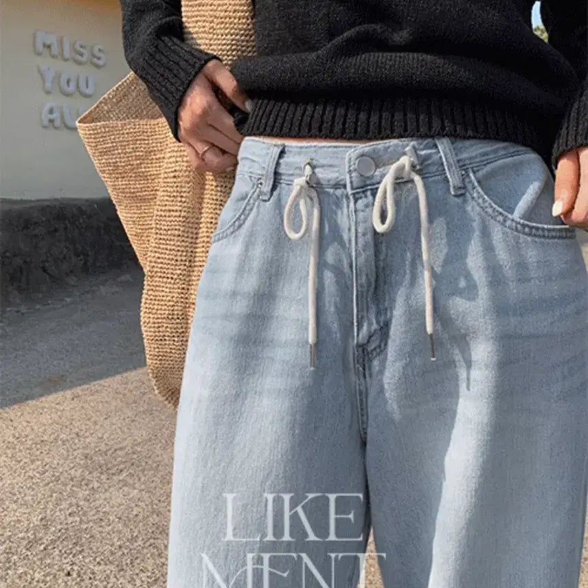 [BUNJANG] LikeU Summer String Wide Denim (Light Blue) / 라이크유 썸머 스트링 와이드 데님(연청)
