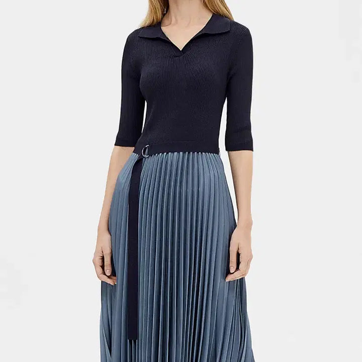 [BUNJANG] Club Monaco Belted Ribbed Knit Pleated Dress / 한섬 클럽모나코 반팔 니트 카라 플리츠 원피스 벨티드 골지 하트시그널