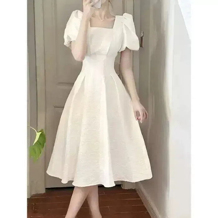 [BUNJANG] Ivory Square Neck Puff Long Dress / 당일발송) 새상품 아이보리 스퀘어넥 퍼프 롱원피스