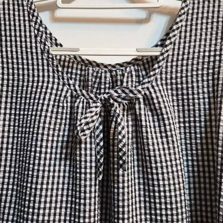 [BUNJANG] Black and White Check Ribbon Long Dress / 블랙 화이트 체크 리본 롱원피스