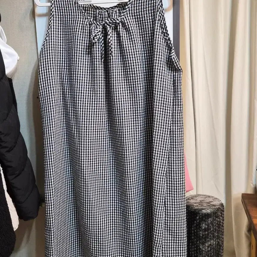 [BUNJANG] Black and White Check Ribbon Long Dress / 블랙 화이트 체크 리본 롱원피스