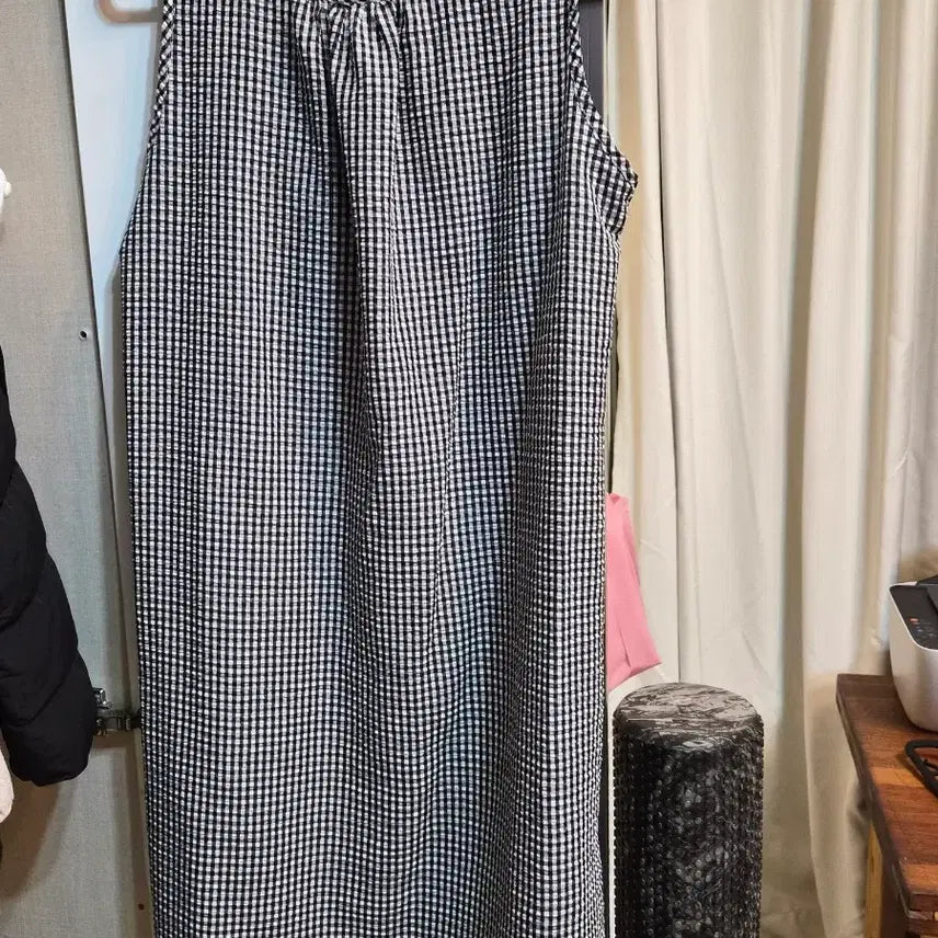 [BUNJANG] Black and White Check Ribbon Long Dress / 블랙 화이트 체크 리본 롱원피스
