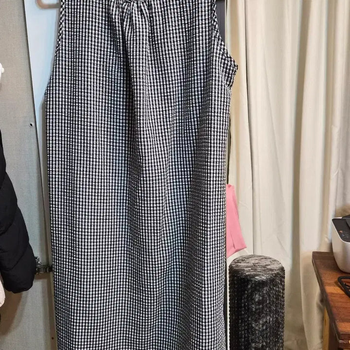 [BUNJANG] Black and White Check Ribbon Long Dress / 블랙 화이트 체크 리본 롱원피스