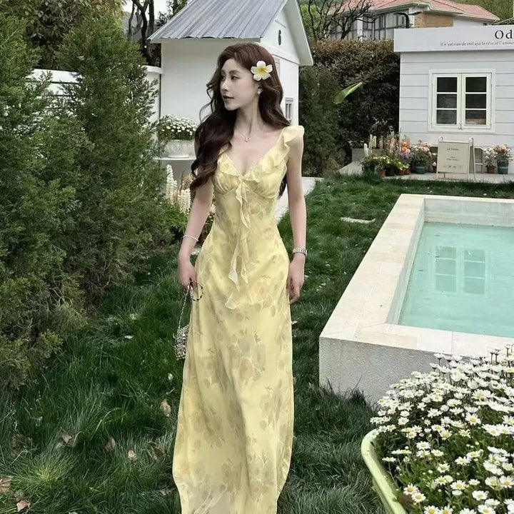 [BUNJANG] Yellow Floral Frill Long Dress / 당일발송) 새상품 옐로우 플로럴 프릴 롱원피스