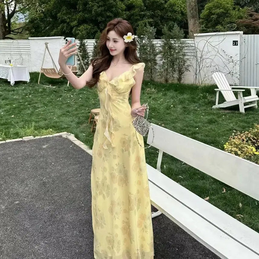 [BUNJANG] Yellow Floral Frill Long Dress / 당일발송) 새상품 옐로우 플로럴 프릴 롱원피스
