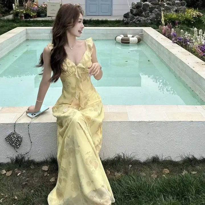 [BUNJANG] Yellow Floral Frill Long Dress / 당일발송) 새상품 옐로우 플로럴 프릴 롱원피스