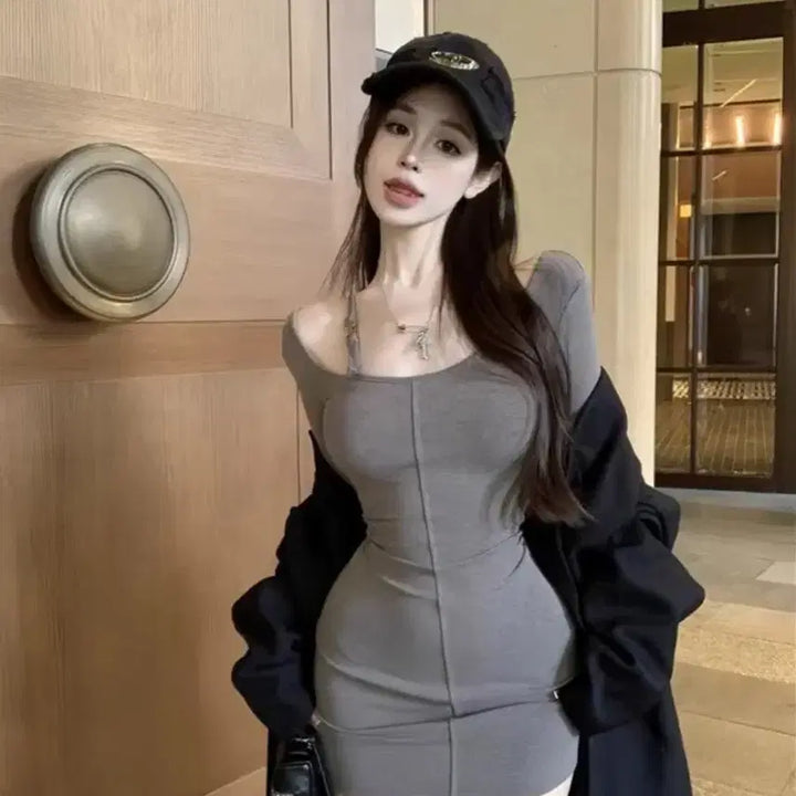 [BUNJANG] Grey Slim Fit Off-Shoulder Mini Dress / 당일발송) 새상품 그레이 슬림핏 오프숄더 미니원피스