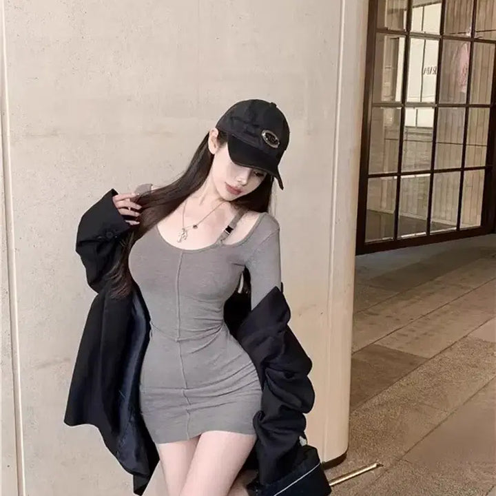 [BUNJANG] Grey Slim Fit Off-Shoulder Mini Dress / 당일발송) 새상품 그레이 슬림핏 오프숄더 미니원피스