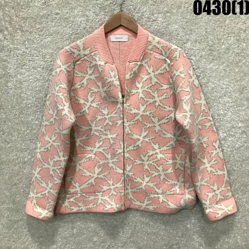 [BUNJANG] LESHOP Black Pink Pattern Knit Zip-Up (M) / LESHOP BLACK 핑크 패턴 니트 집업 m