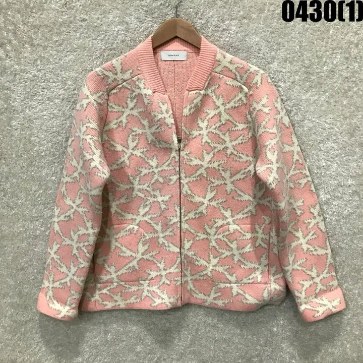 [BUNJANG] LESHOP Black Pink Pattern Knit Zip-Up (M) / LESHOP BLACK 핑크 패턴 니트 집업 m
