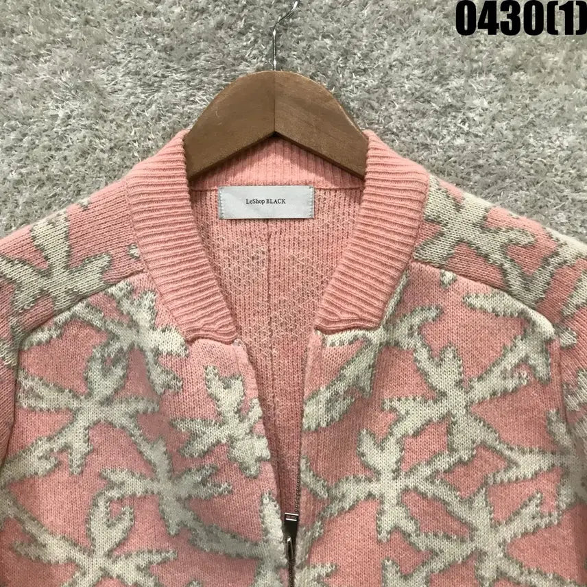 [BUNJANG] LESHOP Black Pink Pattern Knit Zip-Up (M) / LESHOP BLACK 핑크 패턴 니트 집업 m