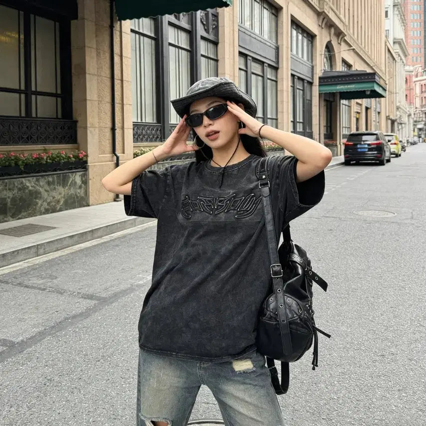 [BUNJANG] Pigment Embossed Lettering T-Shirt / 피그먼트 엠보레터링 티셔츠