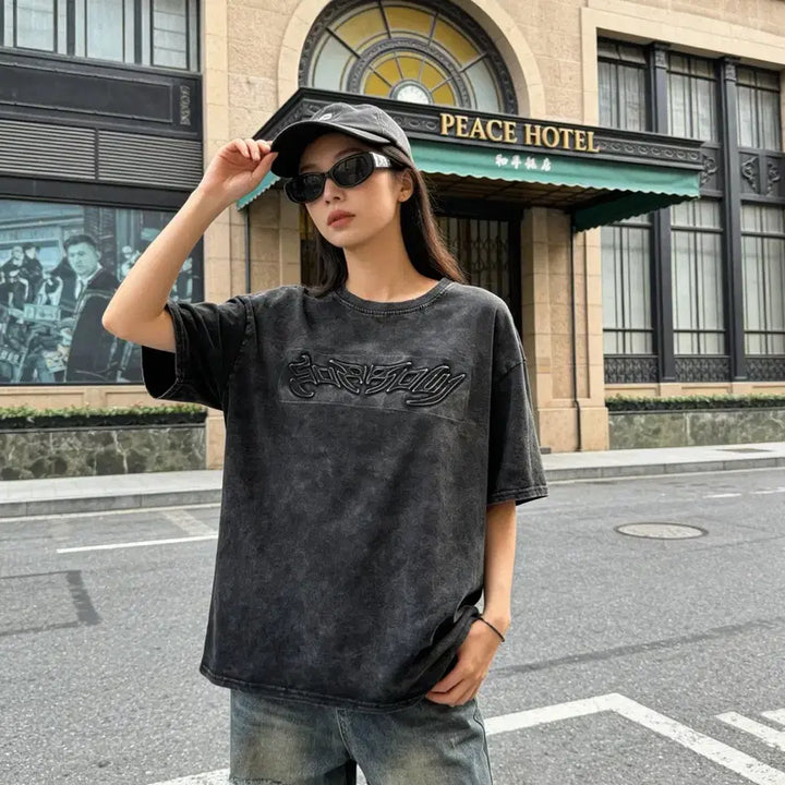 [BUNJANG] Pigment Embossed Lettering T-Shirt / 피그먼트 엠보레터링 티셔츠