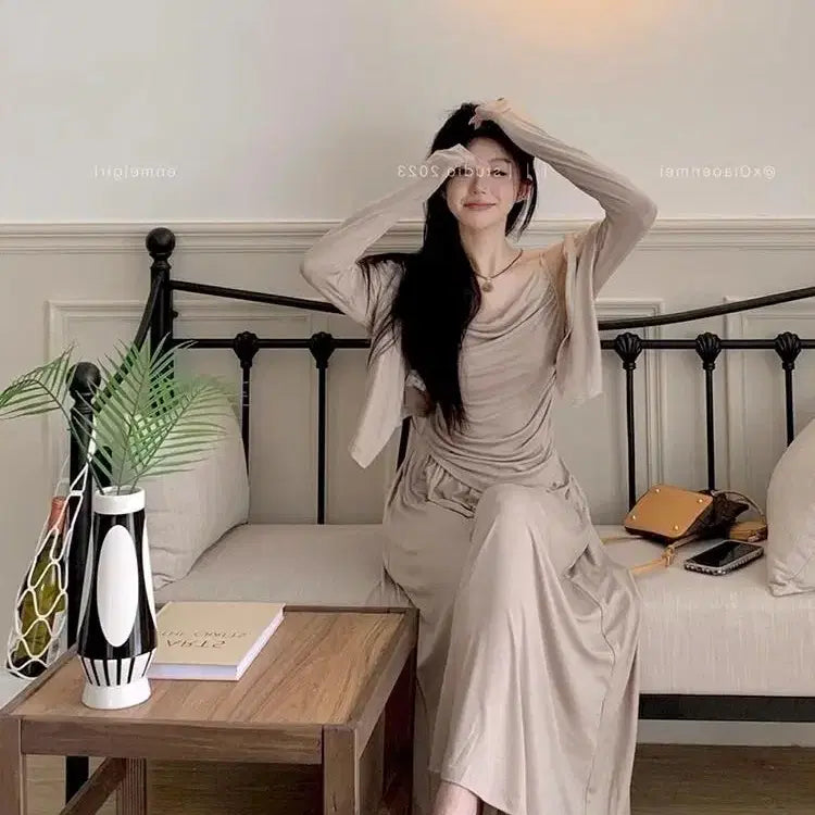 [BUNJANG] Beige Cardigan, Camisole, and Wide Pants Three-Piece Set / 당일발송) 새상품 베이지 가디건 나시 와이드팬츠 쓰리피스 세트