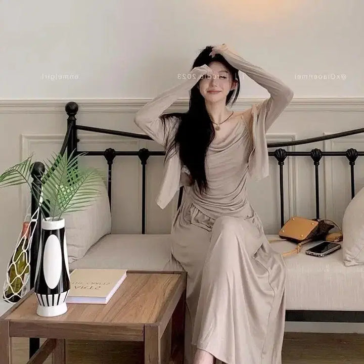[BUNJANG] Beige Cardigan, Camisole, and Wide Pants Three-Piece Set / 당일발송) 새상품 베이지 가디건 나시 와이드팬츠 쓰리피스 세트