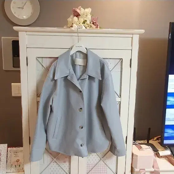 [BUNJANG] Leather Jacket Sky Blue / 레더자켓/66-77