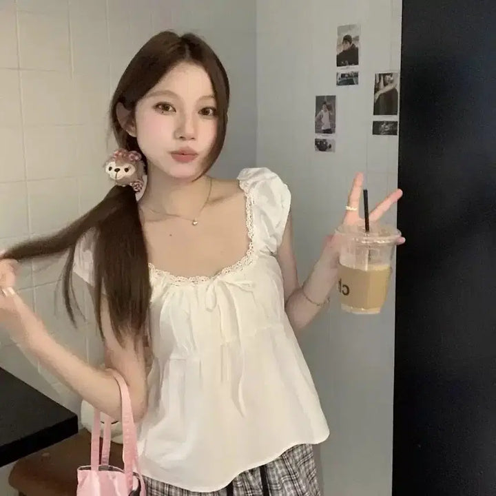 [BUNJANG] White Lace Ribbon Puff Blouse / 당일발송) 새상품 화이트 레이스 리본 퍼프 블라우스