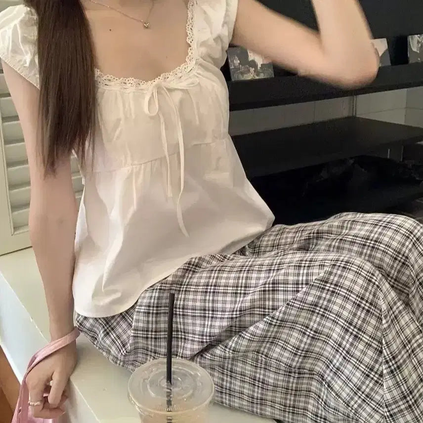 [BUNJANG] White Lace Ribbon Puff Blouse / 당일발송) 새상품 화이트 레이스 리본 퍼프 블라우스