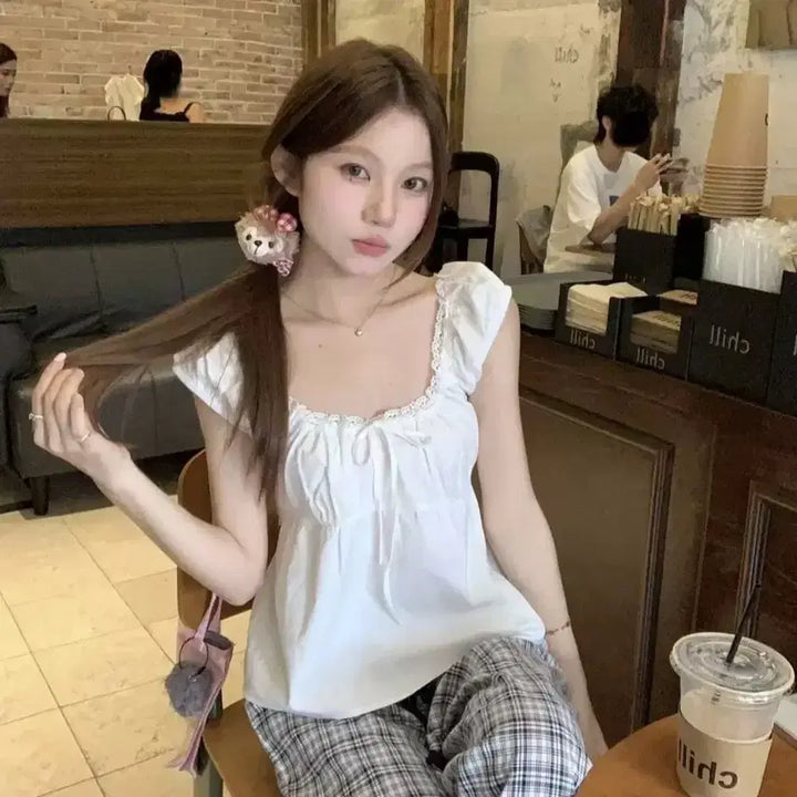 [BUNJANG] White Lace Ribbon Puff Blouse / 당일발송) 새상품 화이트 레이스 리본 퍼프 블라우스