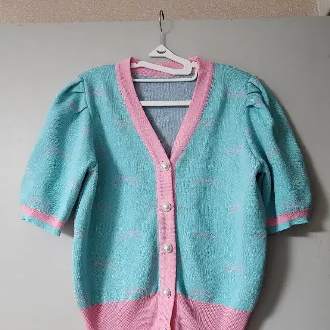 [BUNJANG] Pearl Button Puff Sleeve Cardigan Pink/Mint / 반팔 진주 버튼 가디건 핑크/민트 어깨퍼프 새상품