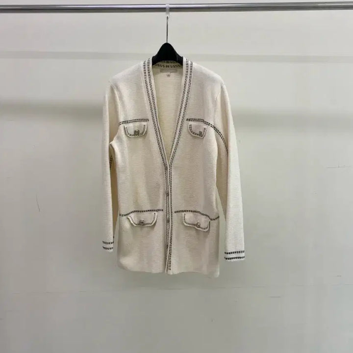 [BUNJANG] Maje Ivory Color Block Knit Cardigan (Size 38/ 66-77) / [마쥬] 아이보리 배색 도톰한 니트 가디건 ( 66-77 추천)