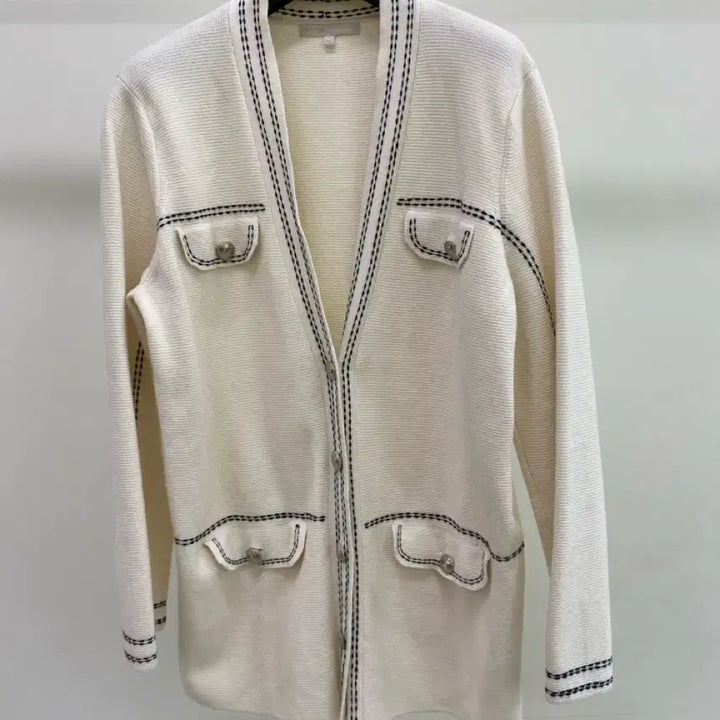 [BUNJANG] Maje Ivory Color Block Knit Cardigan (Size 38/ 66-77) / [마쥬] 아이보리 배색 도톰한 니트 가디건 ( 66-77 추천)