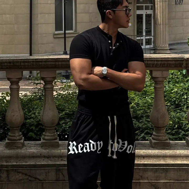 [BUNJANG] Double Curve Snap Henley Ribbed Short Sleeve Muscle Fit T-Shirt / (새상품) 더블 커브 스냅 헨리넥 골지 반팔 머슬핏 반팔