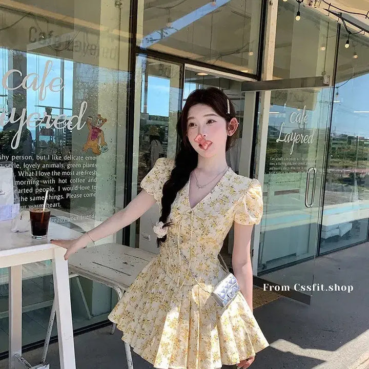 [BUNJANG] Yellow Flower Ribbon V-Neck Mini Dress / 당일발송) 새상품 옐로우 플라워 리본 브이넥 미니원피스