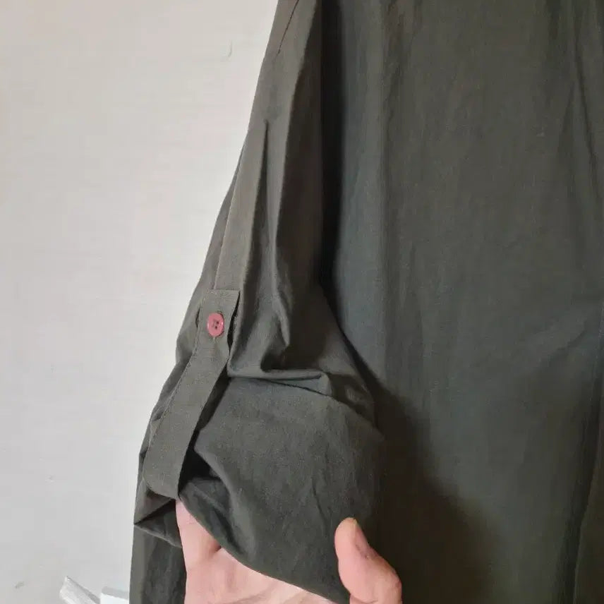 [BUNJANG] Oversized Long Shirt Dress with Roll-up Sleeves in Khaki / 빅사이즈 롱 셔츠 원피스 카키색 롤업 소매