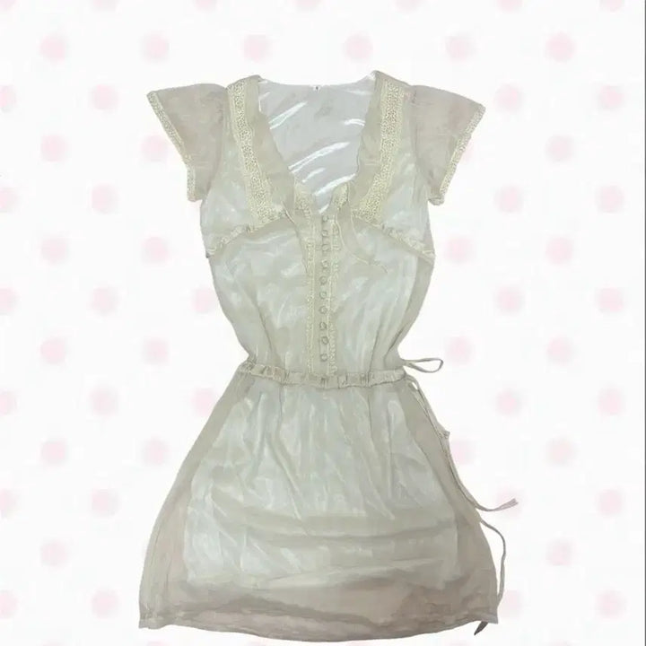 [BUNJANG] Fairy Ivory Frill Lace Mini Dress / 페어리 아이보리 프릴 레이스 미니 원피스