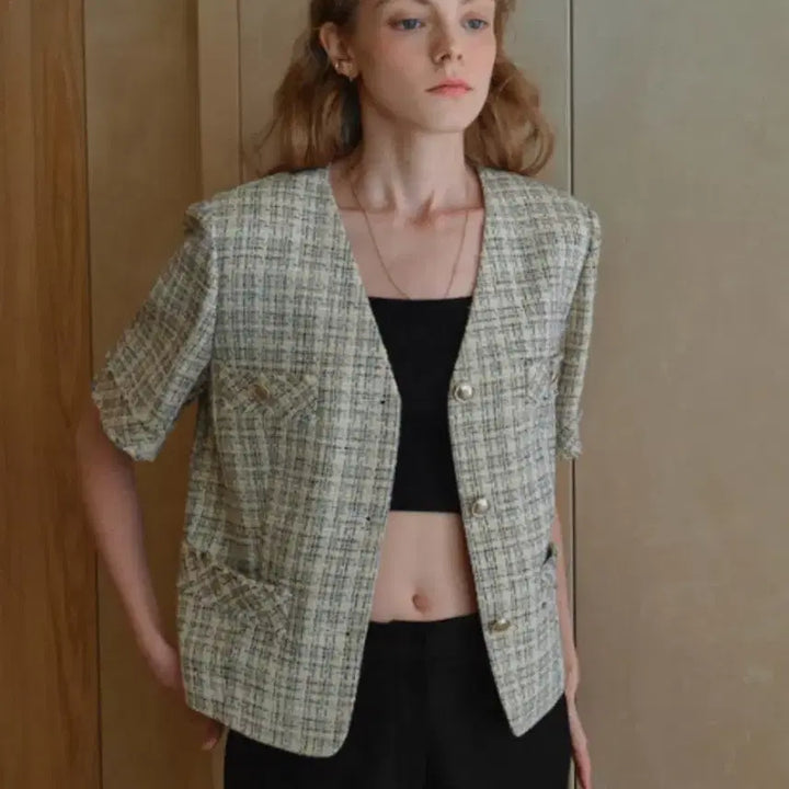 [BUNJANG] Louvre Tweed Short Sleeve Jacket Yellow / [새상품] 루에브르 트위드 반팔자켓