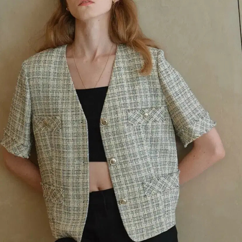 [BUNJANG] Louvre Tweed Short Sleeve Jacket Yellow / [새상품] 루에브르 트위드 반팔자켓