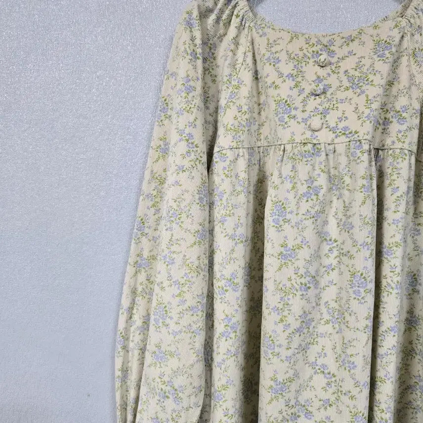 [BUNJANG] Flower Print Ribbed Puff Sleeve Shirring Long Dress / 플라워 잔골지 퍼프소매 셔링원피스 77