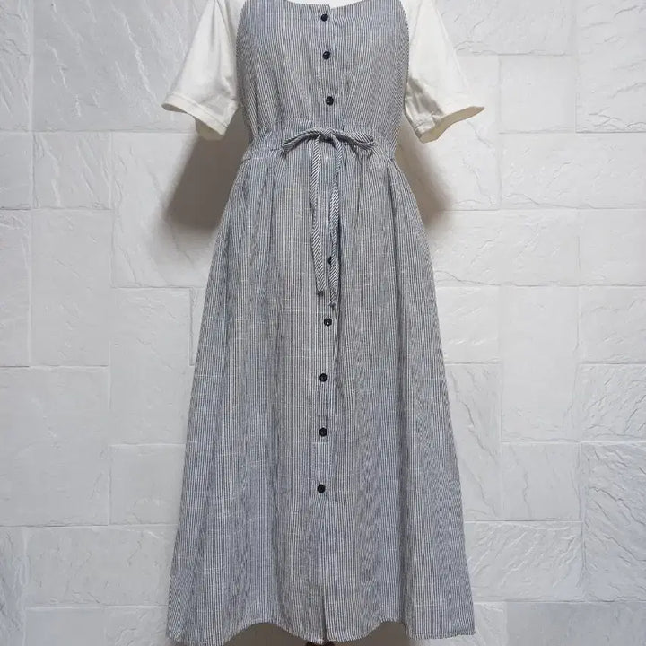 [BUNJANG] Stripe Linen Blend Dress + Cotton T-Shirt Set / 스트라이프  원피스 + 반팔티 세트