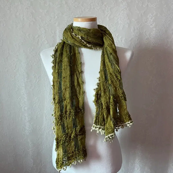 [BUNJANG] Vintage Sheer Stripe Knit Muffler Khaki / 빈티지 시스루 스트라이프 니트 머플러 카키