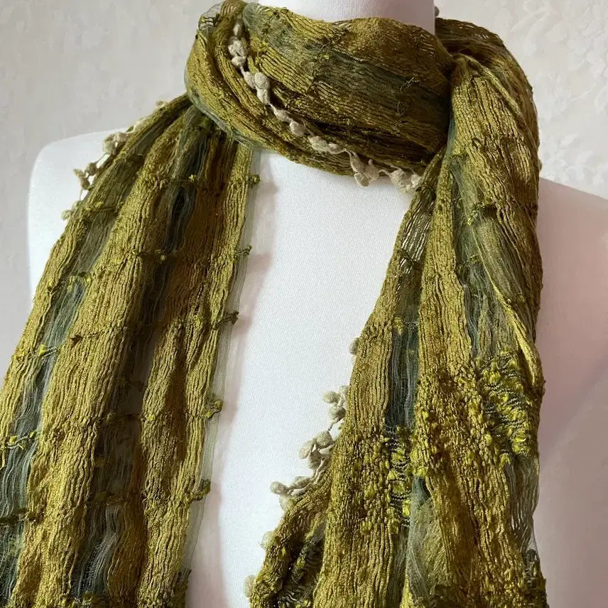 [BUNJANG] Vintage Sheer Stripe Knit Muffler Khaki / 빈티지 시스루 스트라이프 니트 머플러 카키