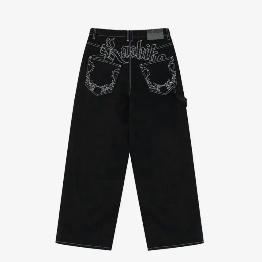 [BUNJANG] KASHIKOK Embroidered Non-Fade Black Denim Pants / 카시코 Embroied Nonfade Denim Pants Black