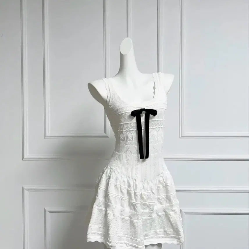 [BUNJANG] White Knit Ribbon Mini Dress / (새상품) 화이트 니트 리본 원피스