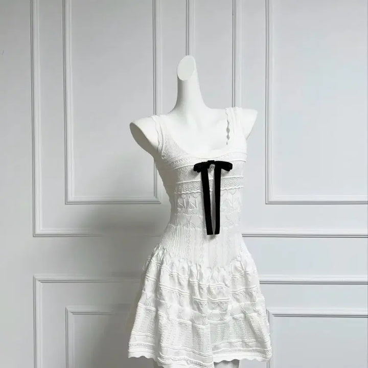 [BUNJANG] White Knit Ribbon Mini Dress / (새상품) 화이트 니트 리본 원피스